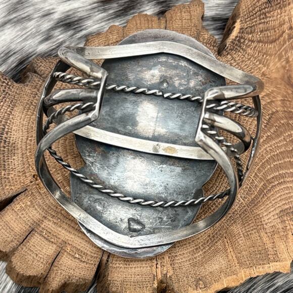 1960s Native American NAVAJO Sterling Silver Turquoise Cuff Bracelet Fan Shapes - Picture 4 of 5